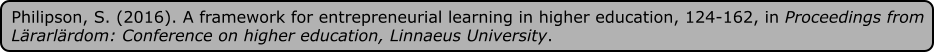 Philipson, S. (2016). A framework for entrepreneurial learning in higher education, 124-162, in Proceedings from Lärarlärdom: Conference on higher education, Linnaeus University.